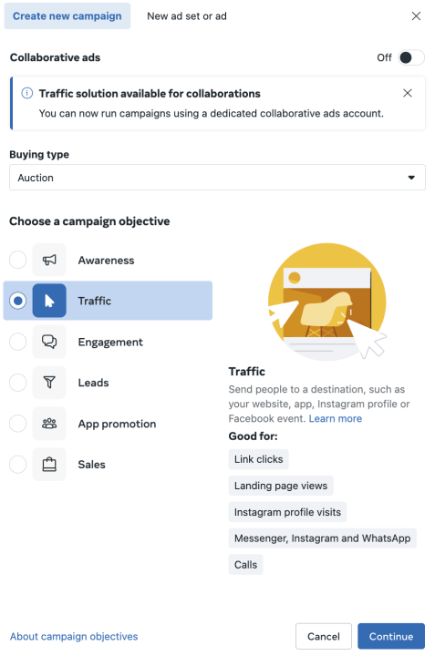 an image of the meta ads manager campaign creation page with 'traffic' campaign. selected