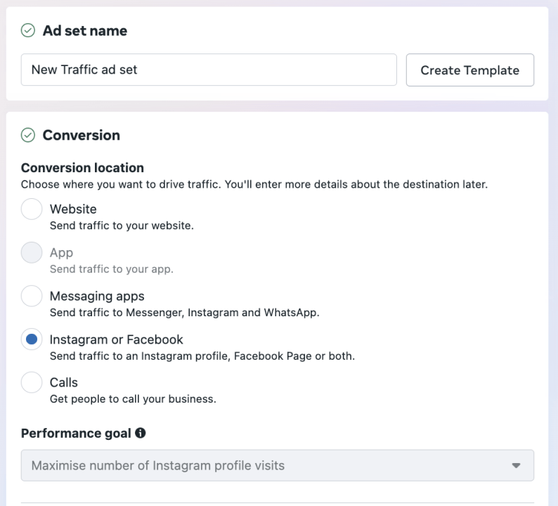 an image of the meta ads manager campaign creation UI with the conversion location being selected as Instagram or Facebook