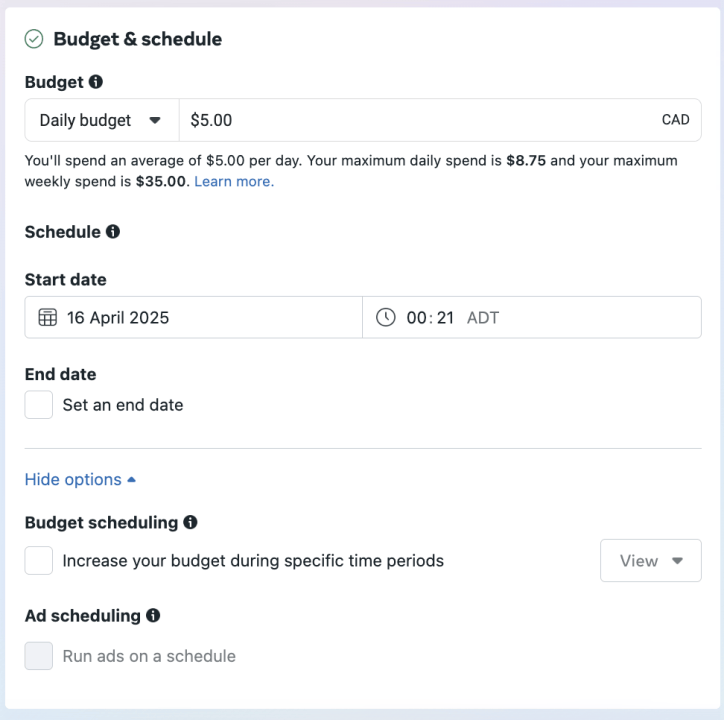 an image of the meta ads manager campaign creation UI with the daily budget being selected at $5