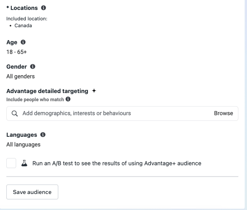 An image of the meta ads manager UI with the detailed targeting audience section