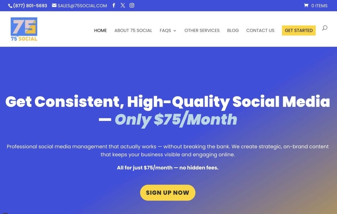 75 Social social media management service homepage